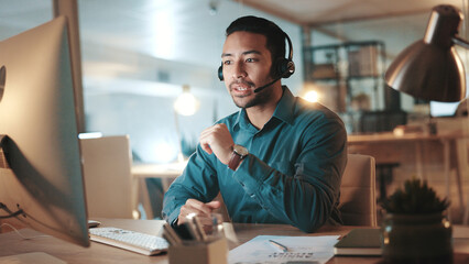 Computer, headset and solution with man in call center for assistance, help pr support at night....