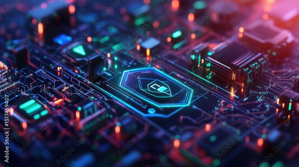 Poster abstract circuit board with glowing components in digital environment