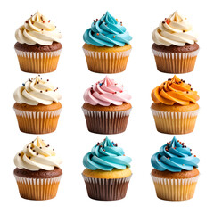 Colorful Cupcakes with Swirled Frosting & Sprinkles on Transparent Background
