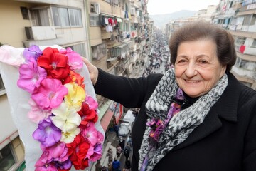 Elderly woman displays colorful flower arrangement from balcony during busy street day in city