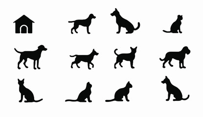 Silhouette Collection of Dogs, Cats, and a Dog House Isolated on White Background.