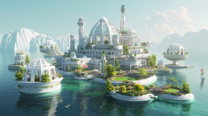 Large ornate building surrounded by lush gardens and water