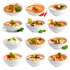 Delicious Tom Yum Soup Recipes with Shrimp,  Garnished with Herbs,  Served in Bowls,  Perfect for a Warm Meal, Transparent Background