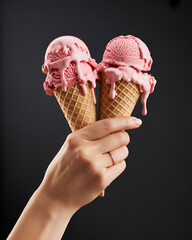 A photograph of a woman's hand delicately holding two strawberry ice cream cones up to her eyes. The ice cream is melting slightly, dripping down the cones in sticky rivulets, and the cones are classi
