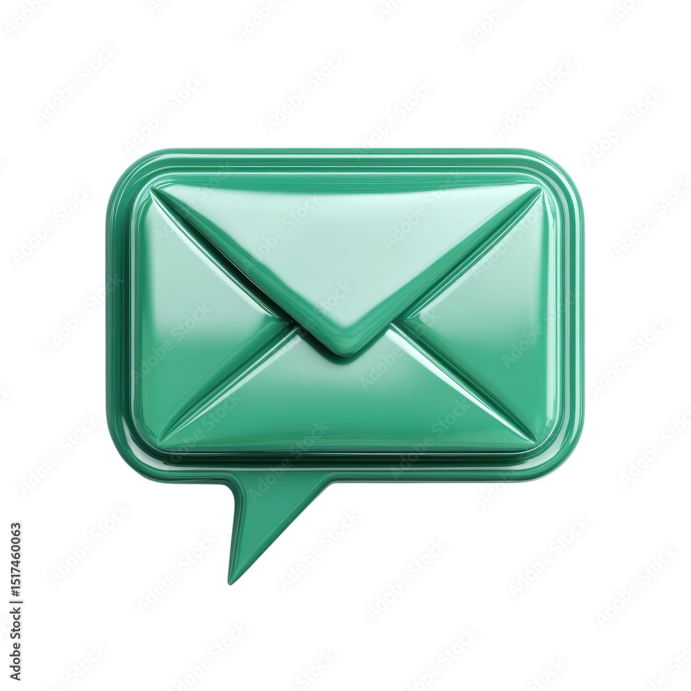 Poster a glossy teal email bubble icon representing new messages and digital on transparent background