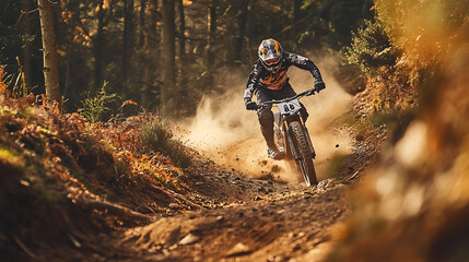 Mountain Biker Racing Through Dusty Forest Trail