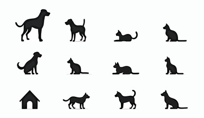 Black Cat and Dog Silhouettes with Dog House Isolated on a White Background.