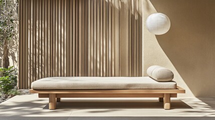 Wooden daybed with light beige cushions in a neutral outdoor setting.