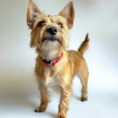 Adorable small terrier dog with fluffy fur and alert expression wea a red collar standing against plain light background