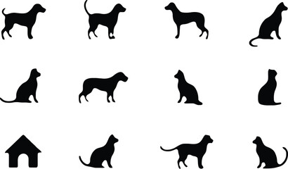 Silhouette Collection of Dogs, Cats, and a Dog House Isolated on White Background.