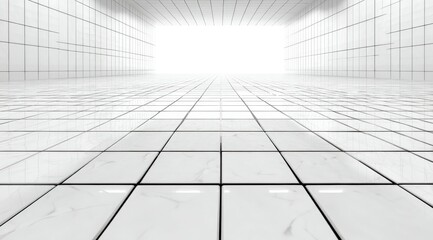 A digitally rendered image depicting a long, white tiled corridor or hallway receding into a bright light source. The floor and walls are covered in square tiles, creating a grid-like pattern