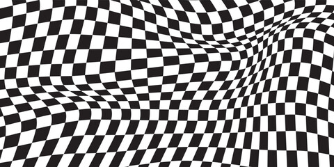 Obraz premium Abstract checkered background with distortion effect. Checkered pattern. surface. Black and white background, distorted chessboard. Abstract banner with distortion. Vector illustration.
