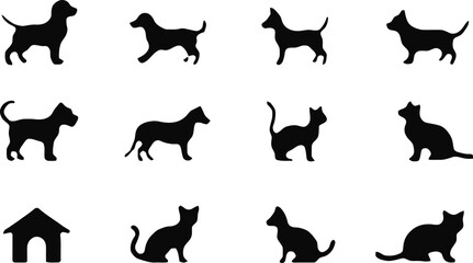 Silhouette Collection: Dogs, Cats, and a Dog House - Vector Illustration on White