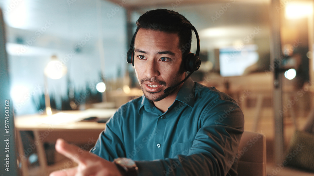Poster computer, explain and headset with man in call center for assistance, help or support at night. comm