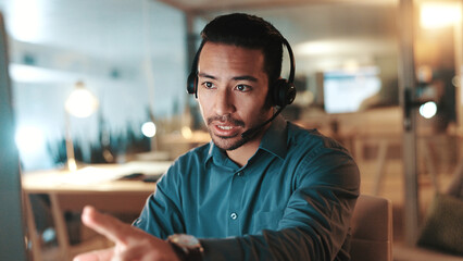 Computer, explain and headset with man in call center for assistance, help or support at night....