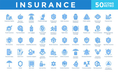Insurance icons set with corporate liability, business interruption, employee insurance, property damage, professional indemnity, cyber insurance, equipment protection icon. Simple retro vector 
