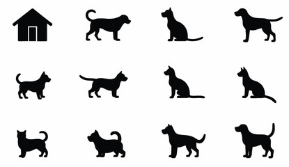 Collection of dog silhouettes in various poses with a kennel icon on white.