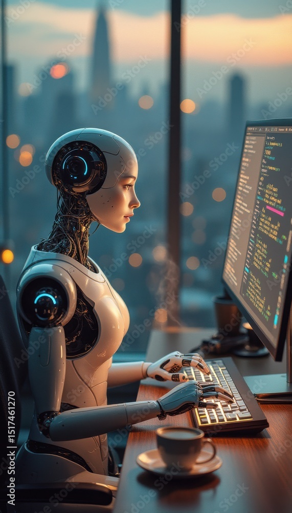 Poster female robot typing on computer in serene office at dusk