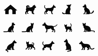Silhouettes of Cats, Dogs and a Doghouse: Pet Icons Collection.