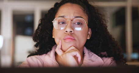 Student, girl and laptop with thinking in home for test research, exam preparation and night....