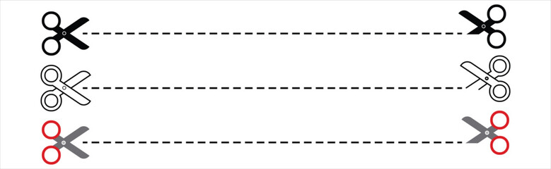 Open scissors line icon set. Scissors line cutter set page cross black icon vector, Paper cut icon with dotted line. Vector scissors. Vector set of cutting scissors