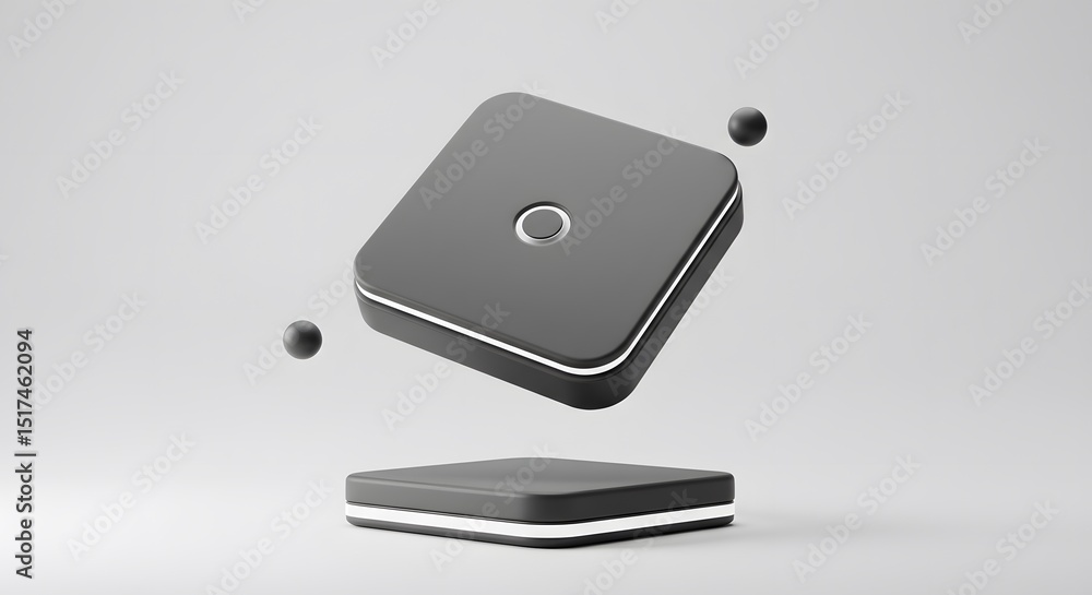 Poster minimalist product design: floating black square device on a platform with small spheres
