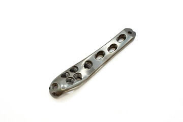 A sleek metal component Proximal Femur titatium plate with multiple holes, ideal for engineering and design projects