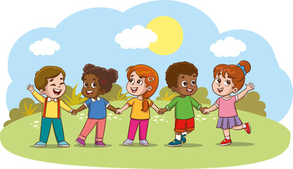 Group of happy children holding hands. Multicultural friendship concept