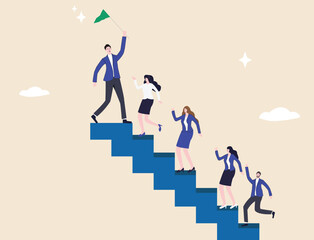 Team support fuels success; collaboration powers progress and shared achievement. Company growth and employee development thrive as businesspeople help each other climb the ladder together.