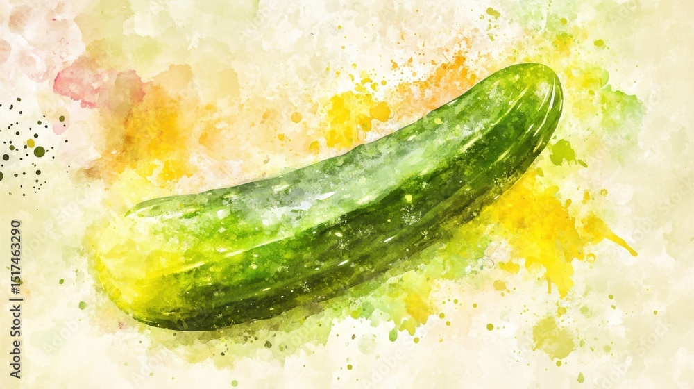 Poster Fresh cucumber lying down on painted background in daytime