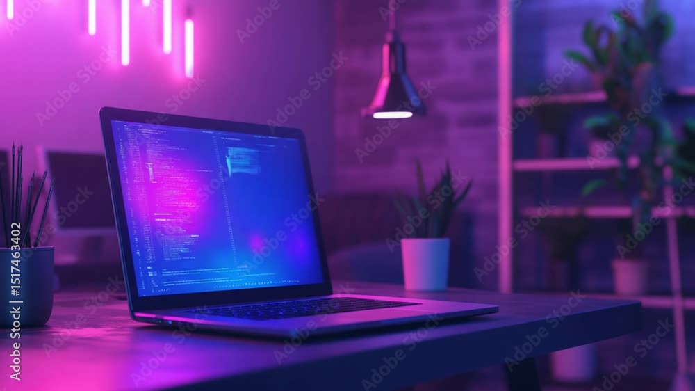 Poster modern coding workspace with laptop and neon lighting for software development