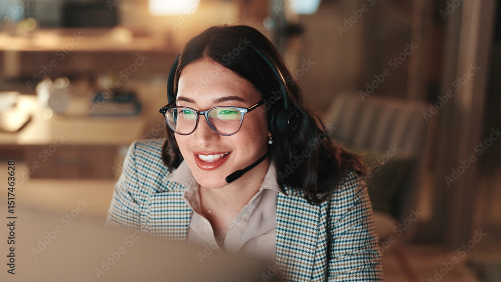 Poster computer, headset and smile with woman in call center for assistance, help or support at night. comm