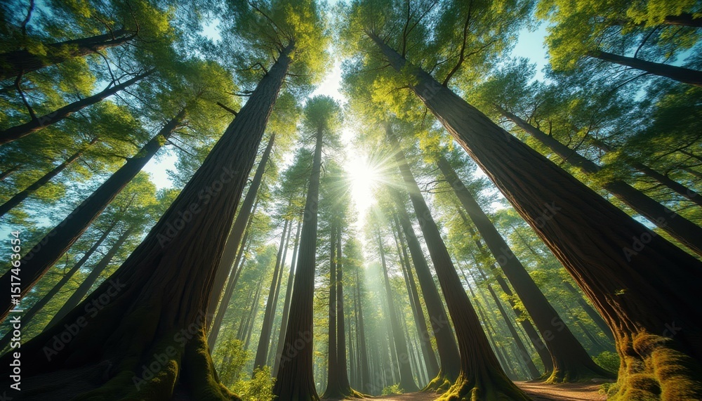 Aufkleber majestic tall trees in serene forest with sunlight filtering through