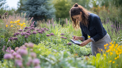 Gardener examining plants with a digital tablet in a vibrant flower garden