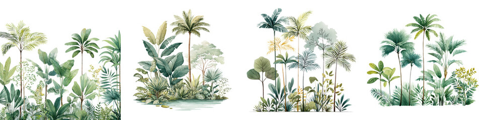 Obraz premium Lush tropical foliage featuring vibrant palm leaves and serene greenery, perfect for nature-inspired designs, decor, and backgrounds in an elegant watercolor style