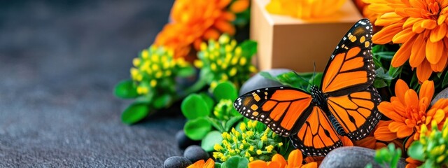 Vibrant Monarch Butterfly Amidst Colorful Flowers and Stones