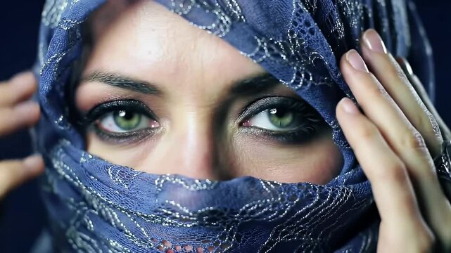 Close Up of Woman with Emerald Eyes in Blue Sparkling Headscarf Adorned with Hands and Silver Rings Wearing Elegant Makeup Under Studio Lighting