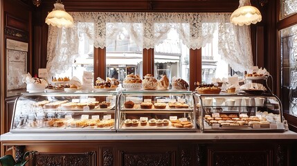 A picturesque patisserie where lace curtains frame a perfect selection of pastries