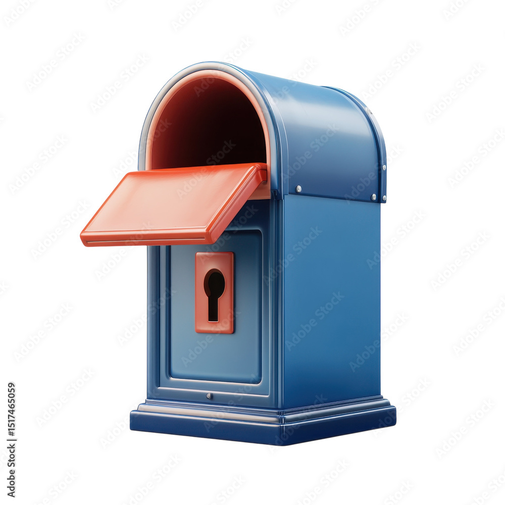 Poster nostalgic blue mailbox with open lid hinting at received correspondence on transparent background