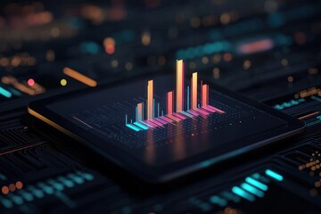 A close up of a computer chip with a colorful bar graph displayed on its surface and circuit details around it