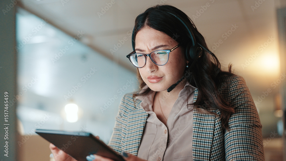 Poster headset, reading and tablet with woman in call center for consulting, feedback or support at night. 