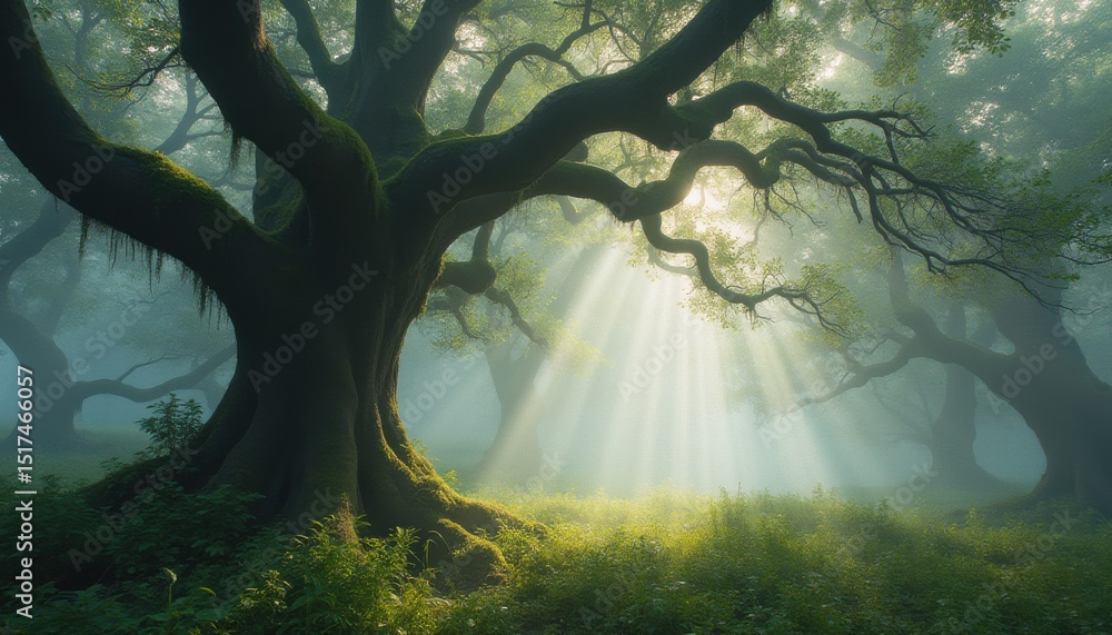 Aufkleber misty forest with multiple large deciduous trees during daytime