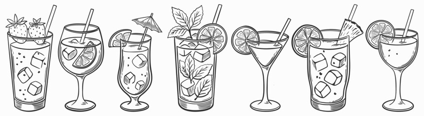 Black and white hand-drawn vector illustration featuring a collection of refreshing summer cocktails in a variety of glass types. The illustration is clean, detailed, and perfect for print