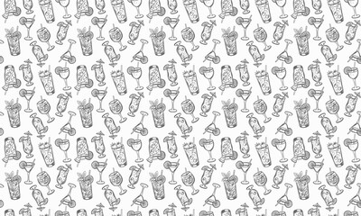 Seamless black and white pattern featuring a hand-drawn collection of summer cocktails in various glass types. The pattern is tileable and suitable for both print and digital projects.