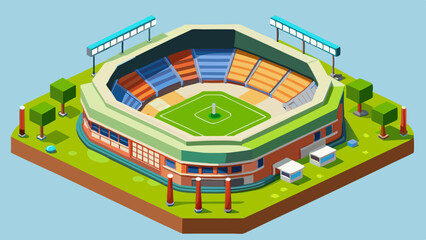 An isometric baseball stadium ready for opening day celebrations with vibrant colors and bright