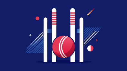 Intense Cricket Match Point with a red ball striking white wickets in a blue abstract background 100