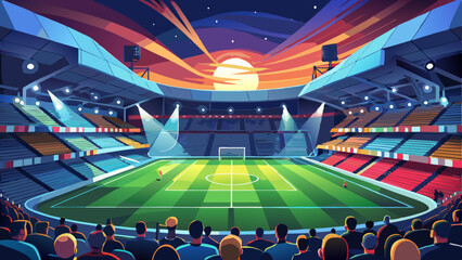 A thrilling soccer match under a painted sky in a packed stadium during sunset with vector graphic