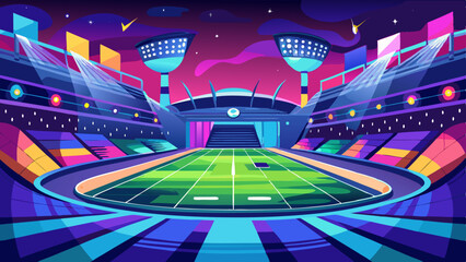 The stadium glows with anticipation ready for the event under a bright starry night with vivid neon