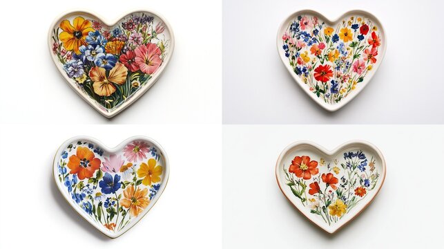 Four heart-shaped trinket dishes, each showcasing a unique vibrant floral arrangement painted in a realistic style against a white background.  The dishes feature 