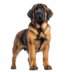 Obraz premium Adorable young large breed dog with expressive eyes and floppy ears standing on white background, pet, animal, canine, puppy, domestic, molosser mix, companion, playful, friendly, 